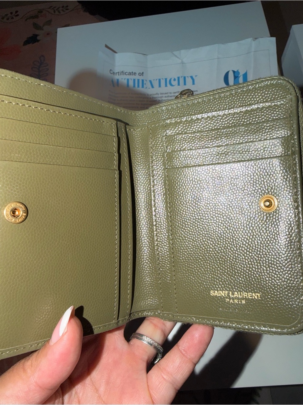 Saint Laurent Cassandre Olive Green Quilted Leather Zip Wallet - Picture 2 of 4